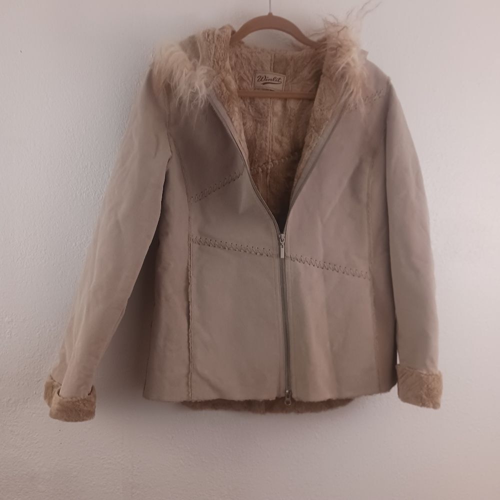 WINLIT Tan Leather Fur Lined Hooded Hoodie Parka Jacket Size M